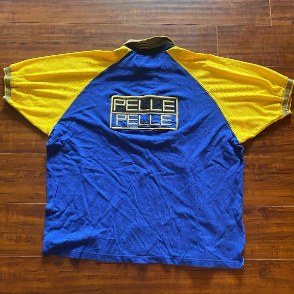 Vintage Pelle Pelle Marc Buchanan Blue & Yellow Spell Out Collared Tee Shirt XL - Picture 1 of 4